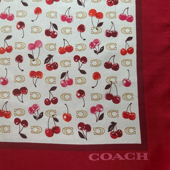 COACH SCULPTED C CHERRIES PRINT SILK BANDANA SCARF:NWT CDG76 CHALK/RED - Picture 3 of 9